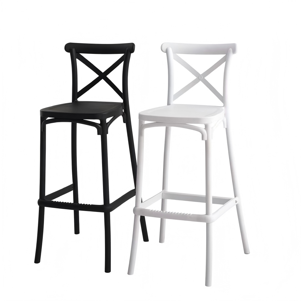 Plastic Cross Back Counter Height Bar Stool with Footrest, Stackable High Bar Chair