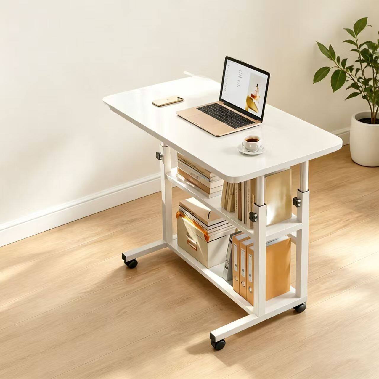 Height‑Adjustable Mobile Laptop Desk with Storage Shelves and Wheelsxy