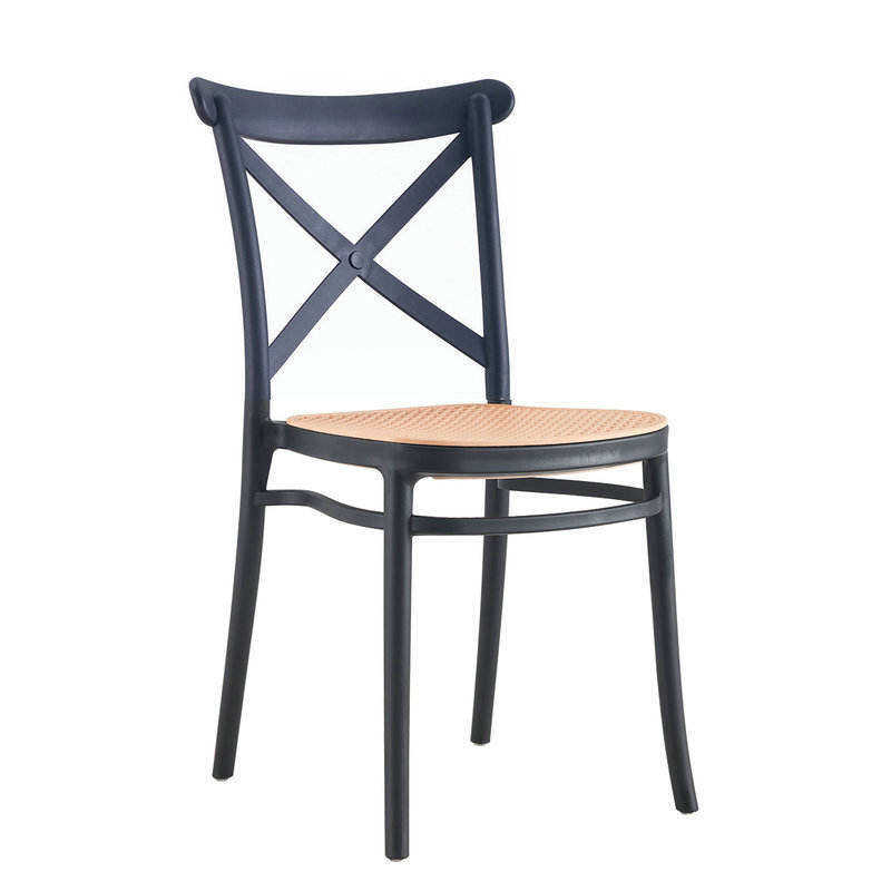 Stackable Cross Back Plastic Dining Chair with Rattan Look Seat