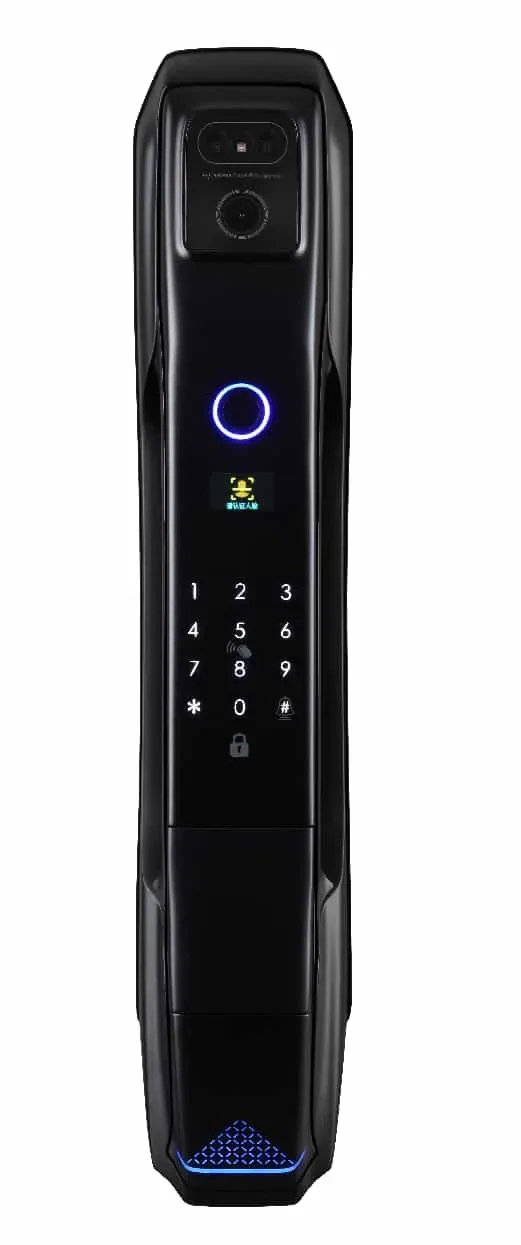 i8 3D Face Smart Lock — Grey nickel face recognition lock with wide mortise compatibility.
