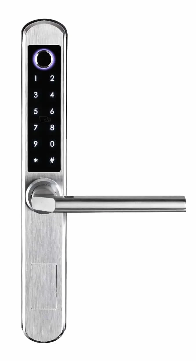 A210 Fingerprint Smart Lock — Satin stainless steel Tuya fingerprint lock for modern entrances.