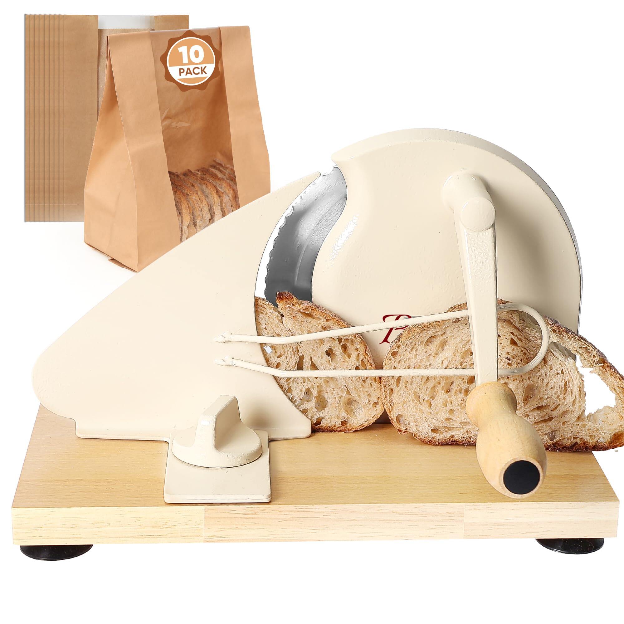 Kitchmaster Manual Bread Slicer with freshly sliced sourdough bread on wooden base