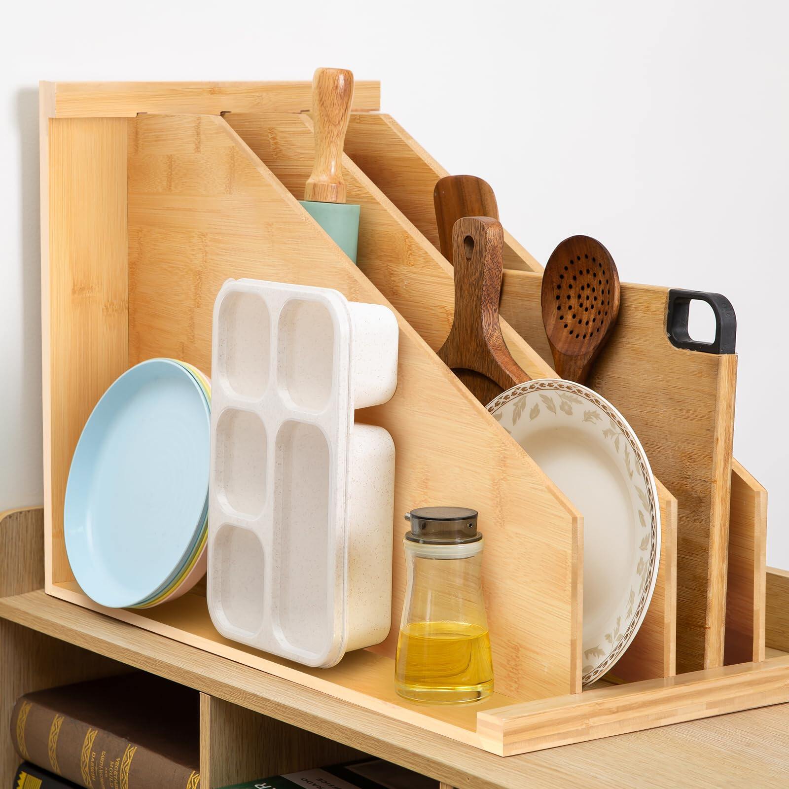 Bamboo tray divider on kitchen shelf