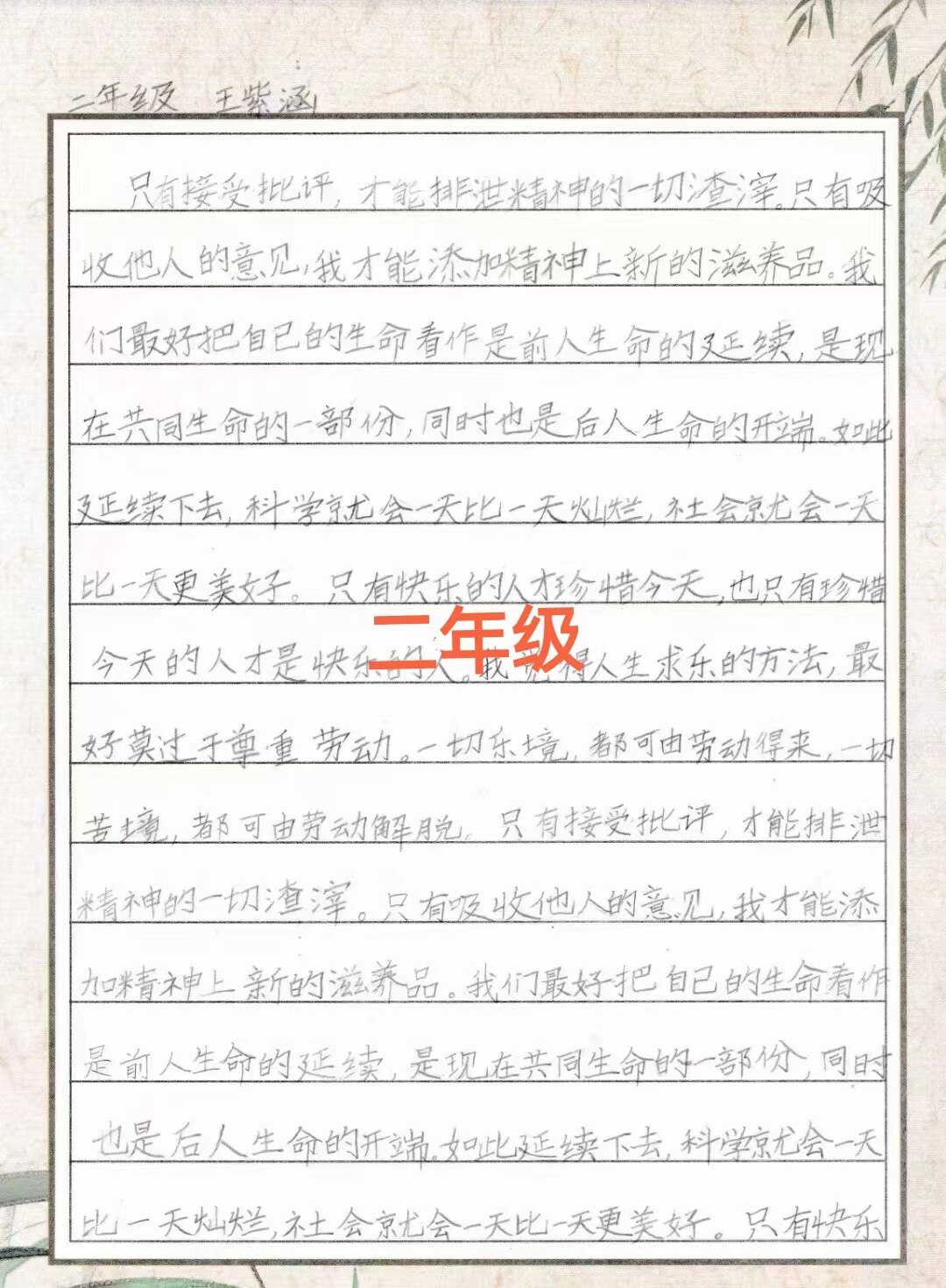 二年级学员学员王紫涵练字作品｜张勇快写学生书写作品