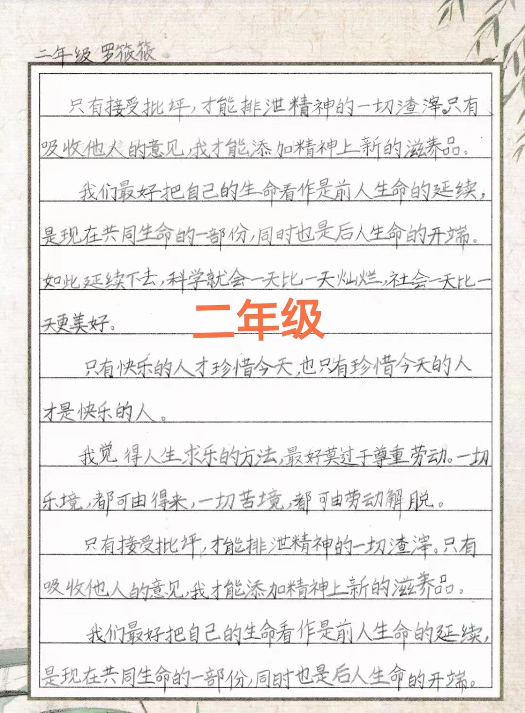 二年级学员学员罗筱筱练字作品｜张勇快写学生书写作品