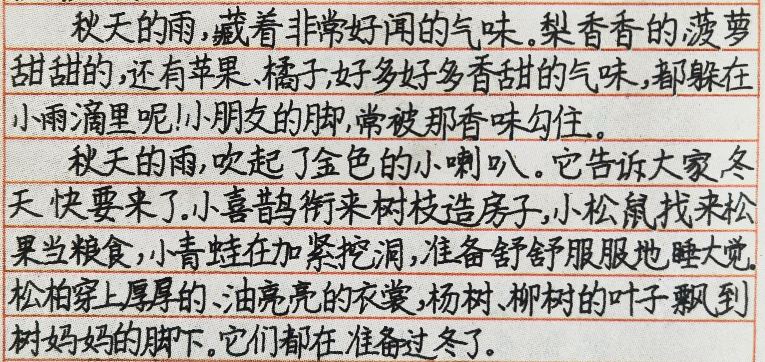 学员日常书写碰壁示例，横线格内《秋天的雨》抄写，字距行距拥挤