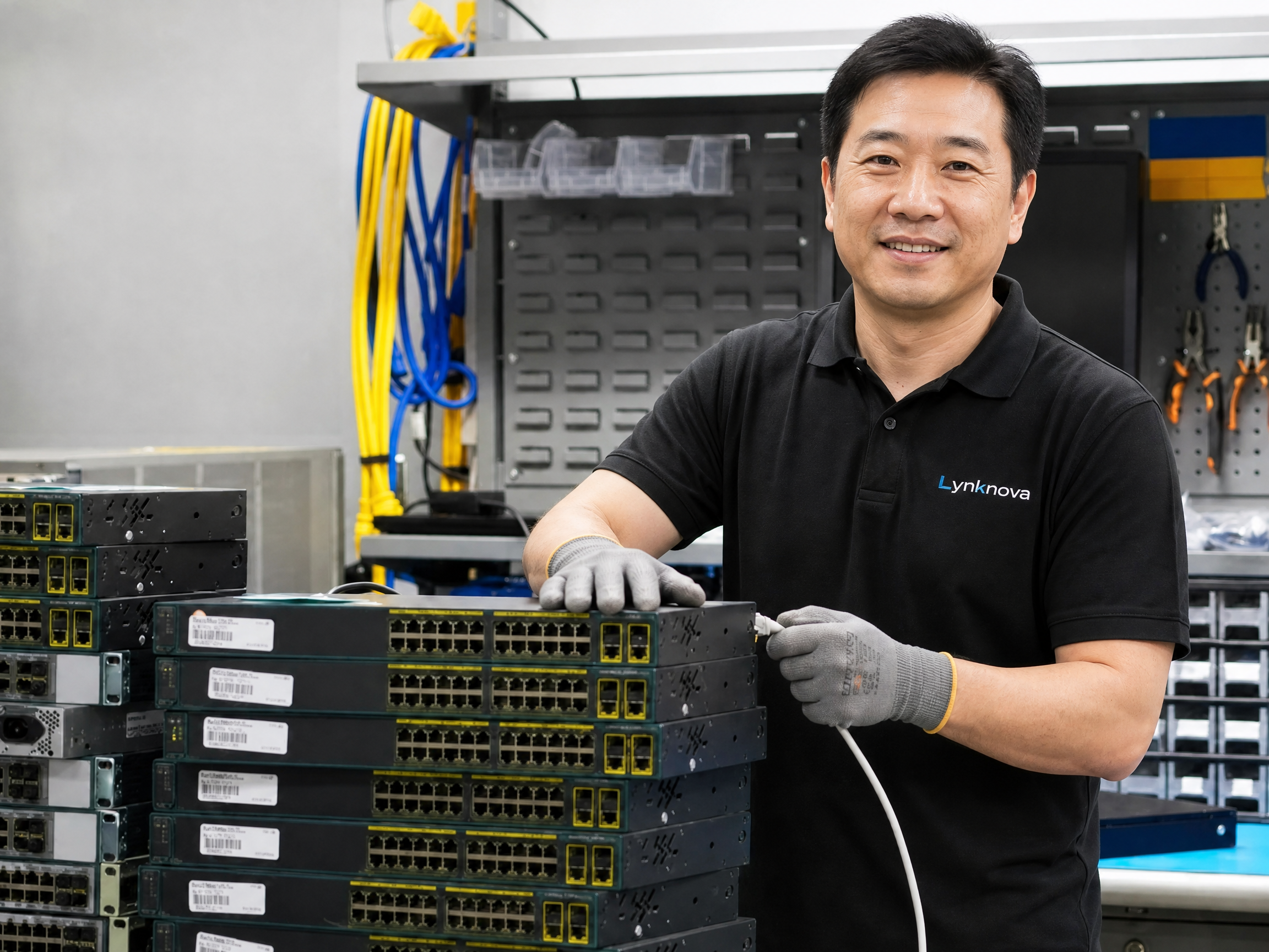 Server technician working with networking equipment