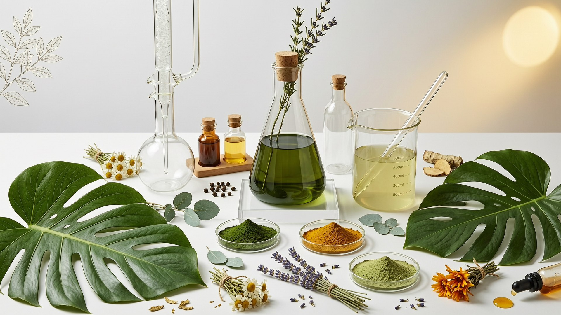 Botanical extract laboratory with fresh green leaves