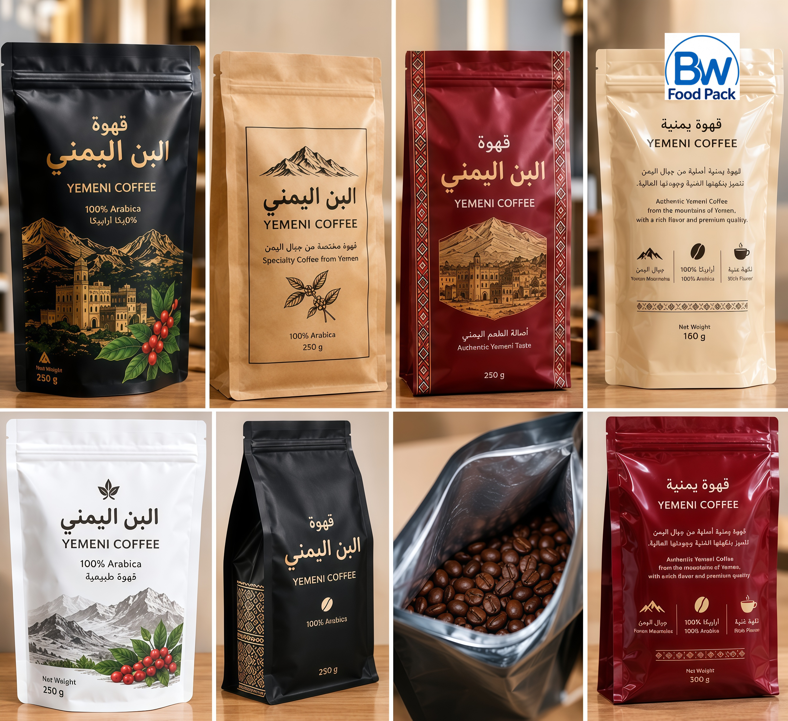 Custom Flat Bottom Coffee Bags for Yemeni Coffee Packaging