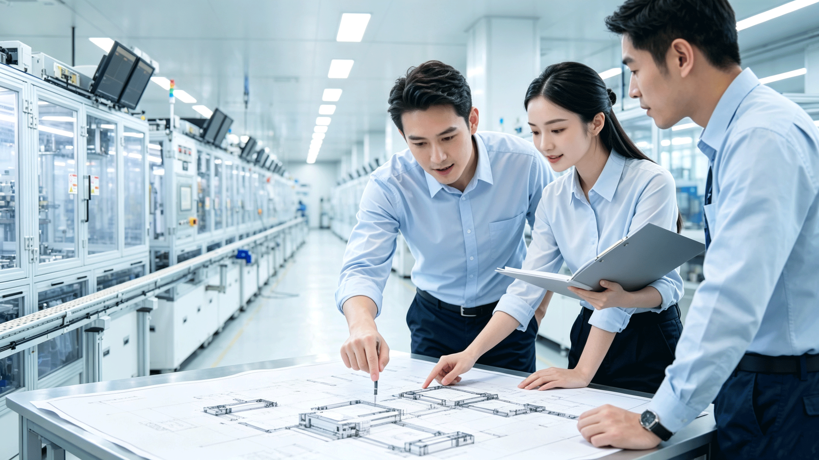 Chinese engineering team discussing blueprints