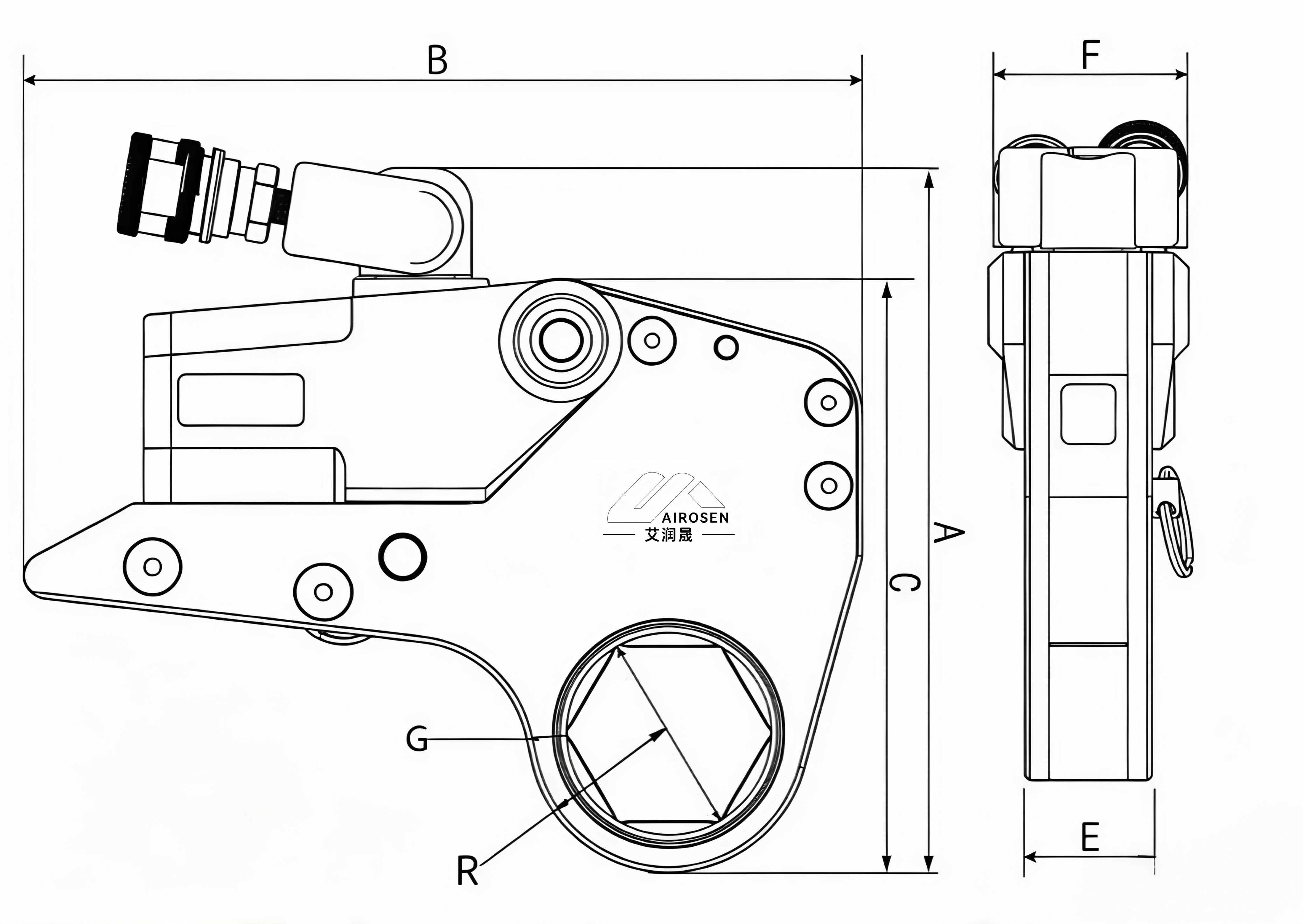 Hollow Hydraulic Torque Wrench Dimensional Drawing