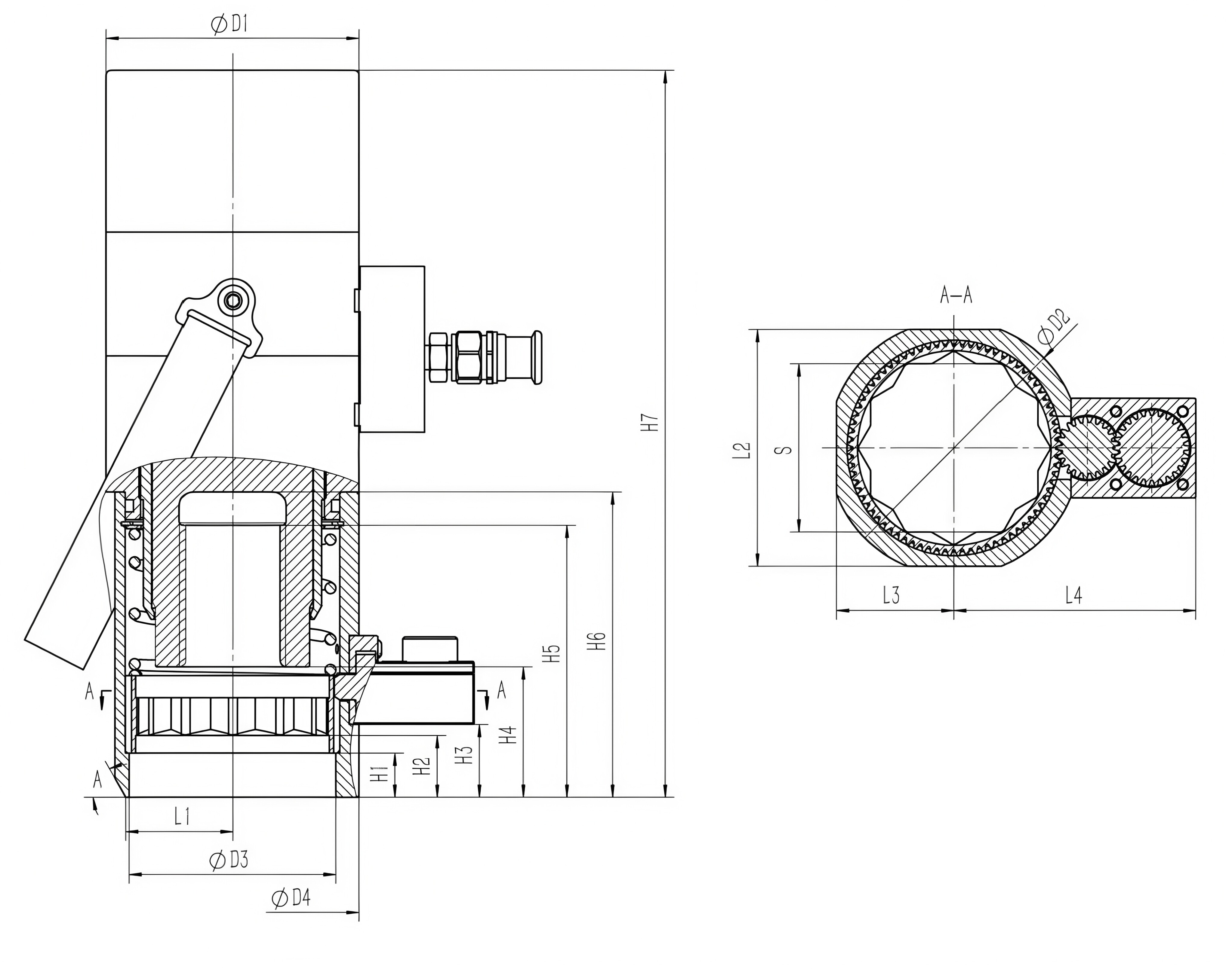 Two-stage hydraulic tensioner dimension drawing