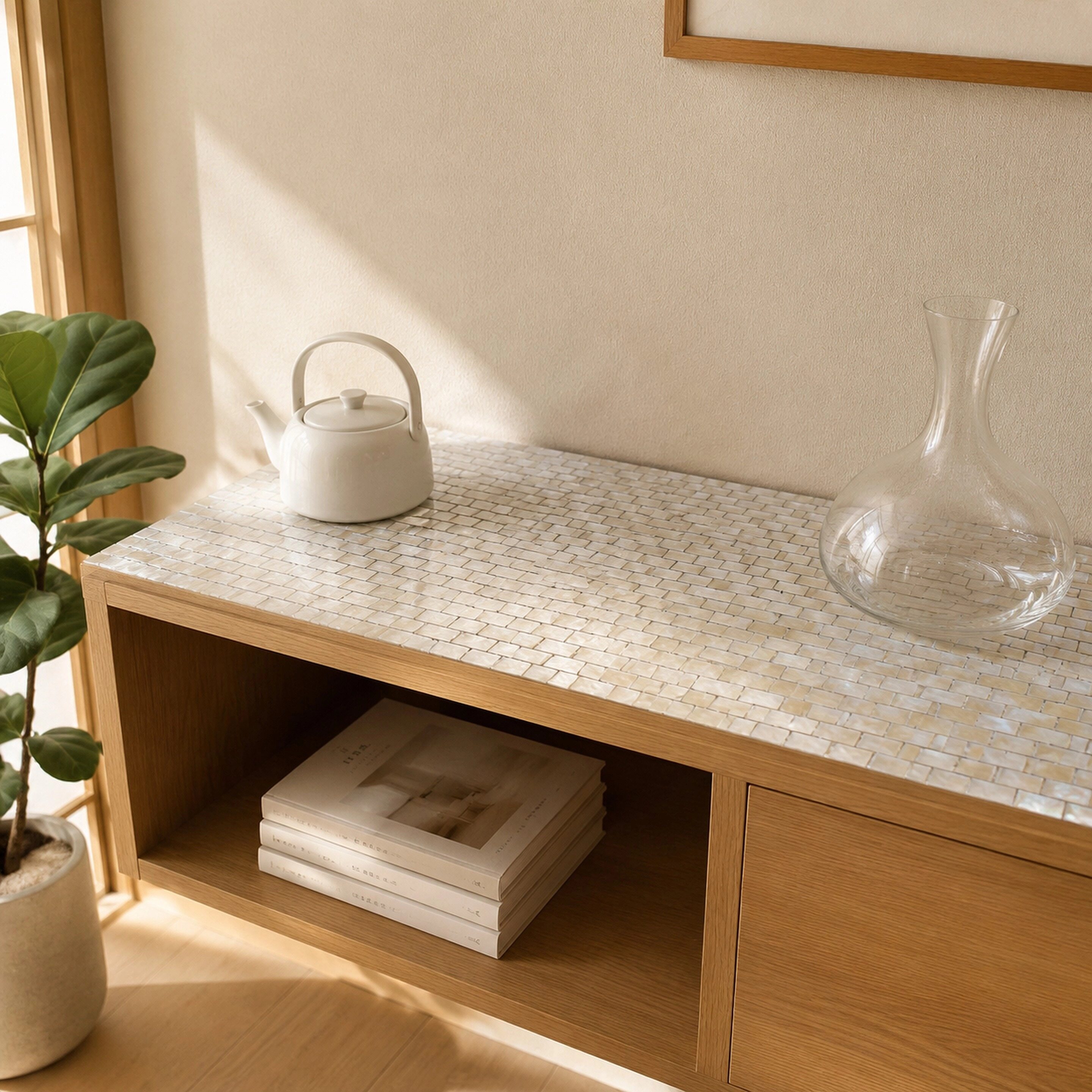 Close-up of rectangular solid white tiles with tight joints 2