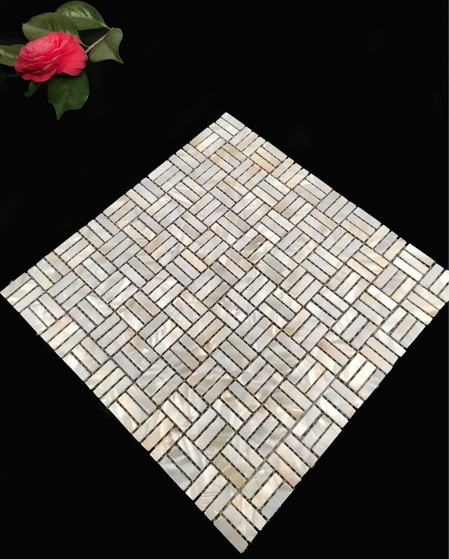 Freshwater Pearl Mother-of-Pearl Herringbone Mosaic Tile - Detail View 1