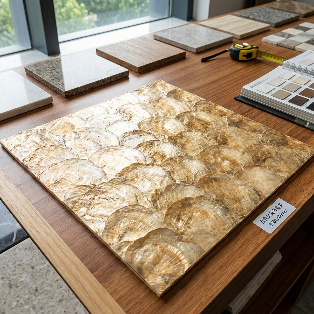 Golden fan-shaped mirror shell mosaic