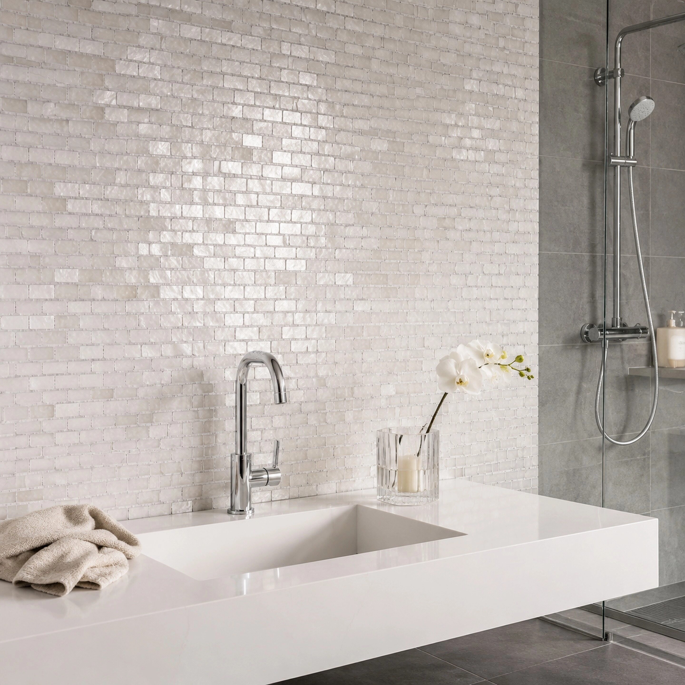 Close-up of rectangular solid white tiles with tight joints 1