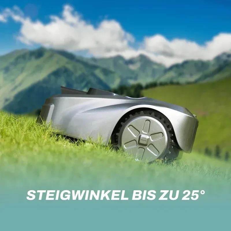 ISWARD robotic mower parked on a grassy slope against a mountain backdrop