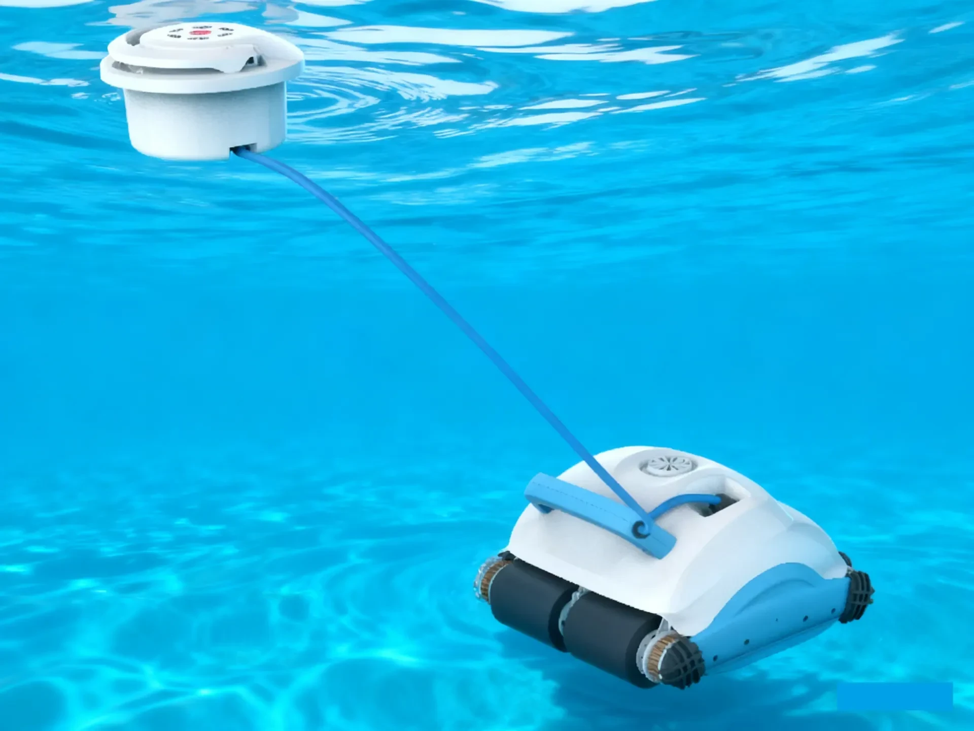 DEVVIS battery robotic pool cleaner working under water with its floating control unit on the surface