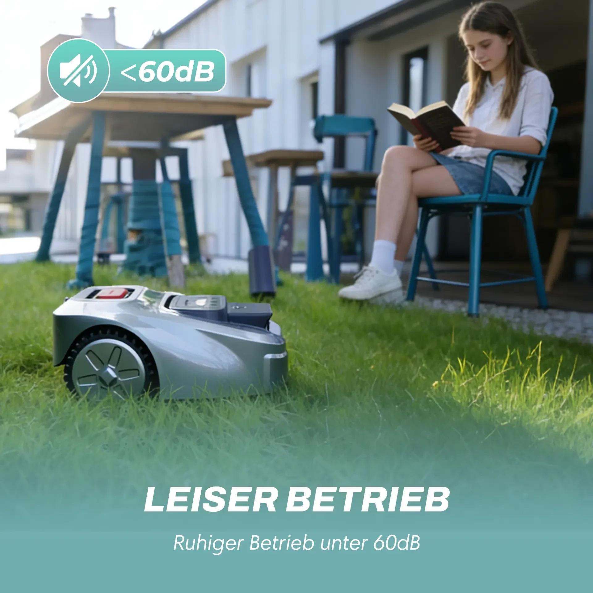 ISWARD GS robotic mower working on a garden lawn while the household sits nearby