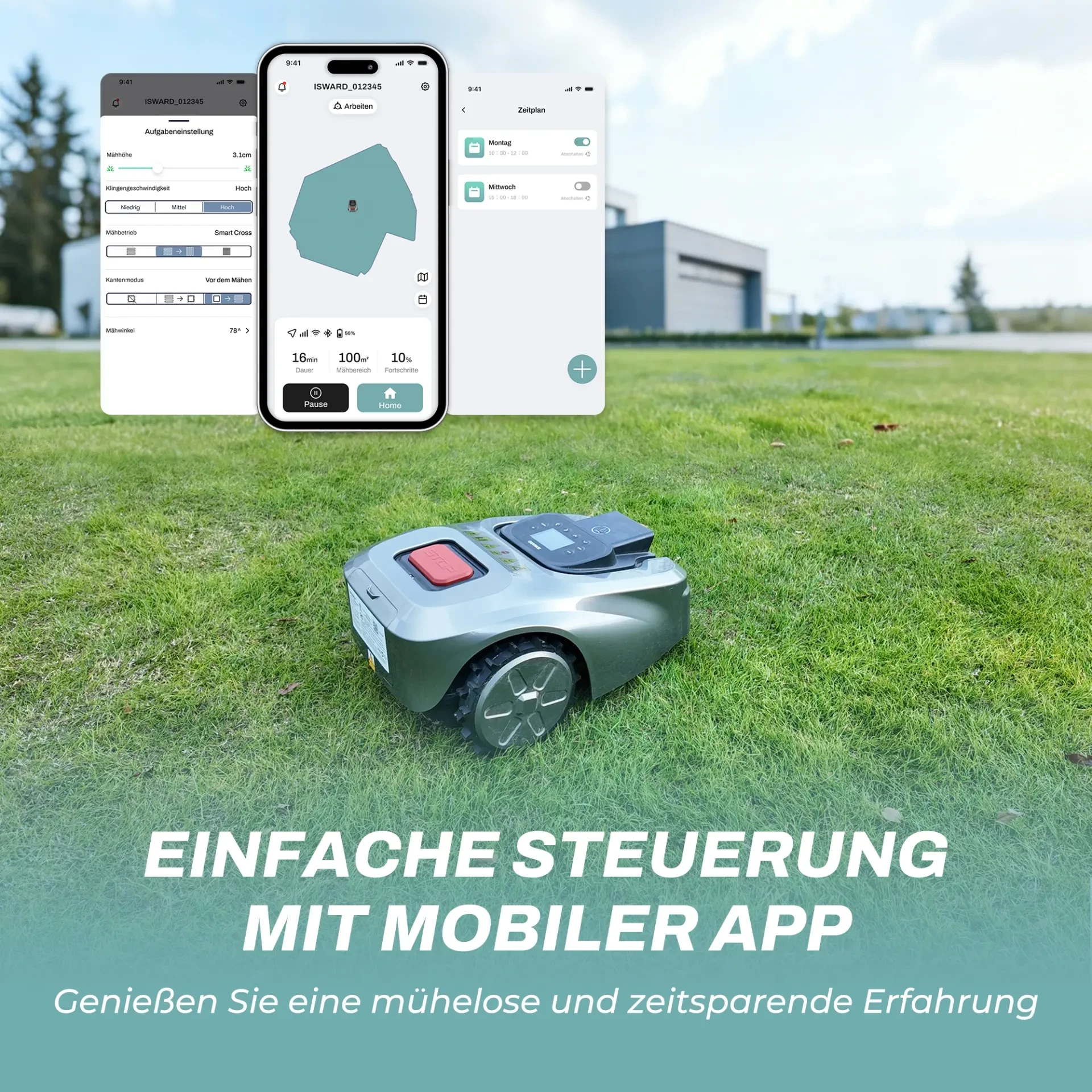 ISWARD GS mower on a lawn with the control app showing the mowing map, area and progress