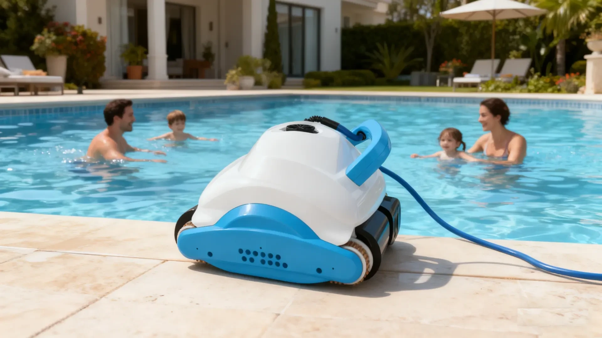 DEVVIS robotic pool cleaner in white and blue on a pool deck, with a family swimming in the pool behind