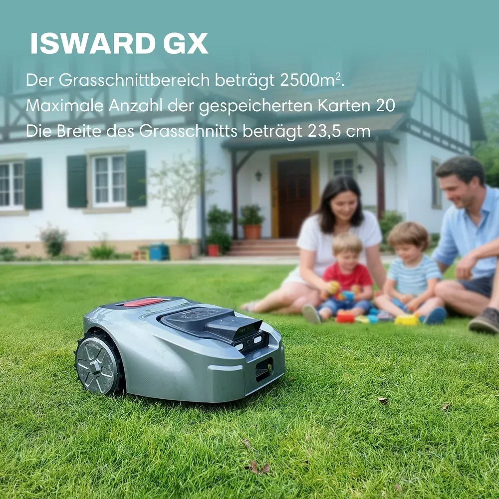 ISWARD GX robotic mower on a large lawn while a family relaxes in the garden
