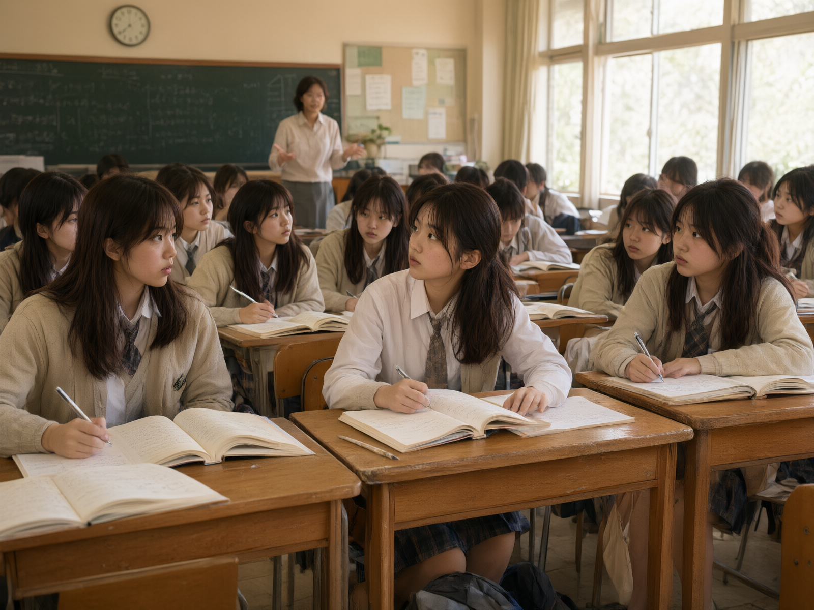 课堂上学生专心听讲，认真记录笔记