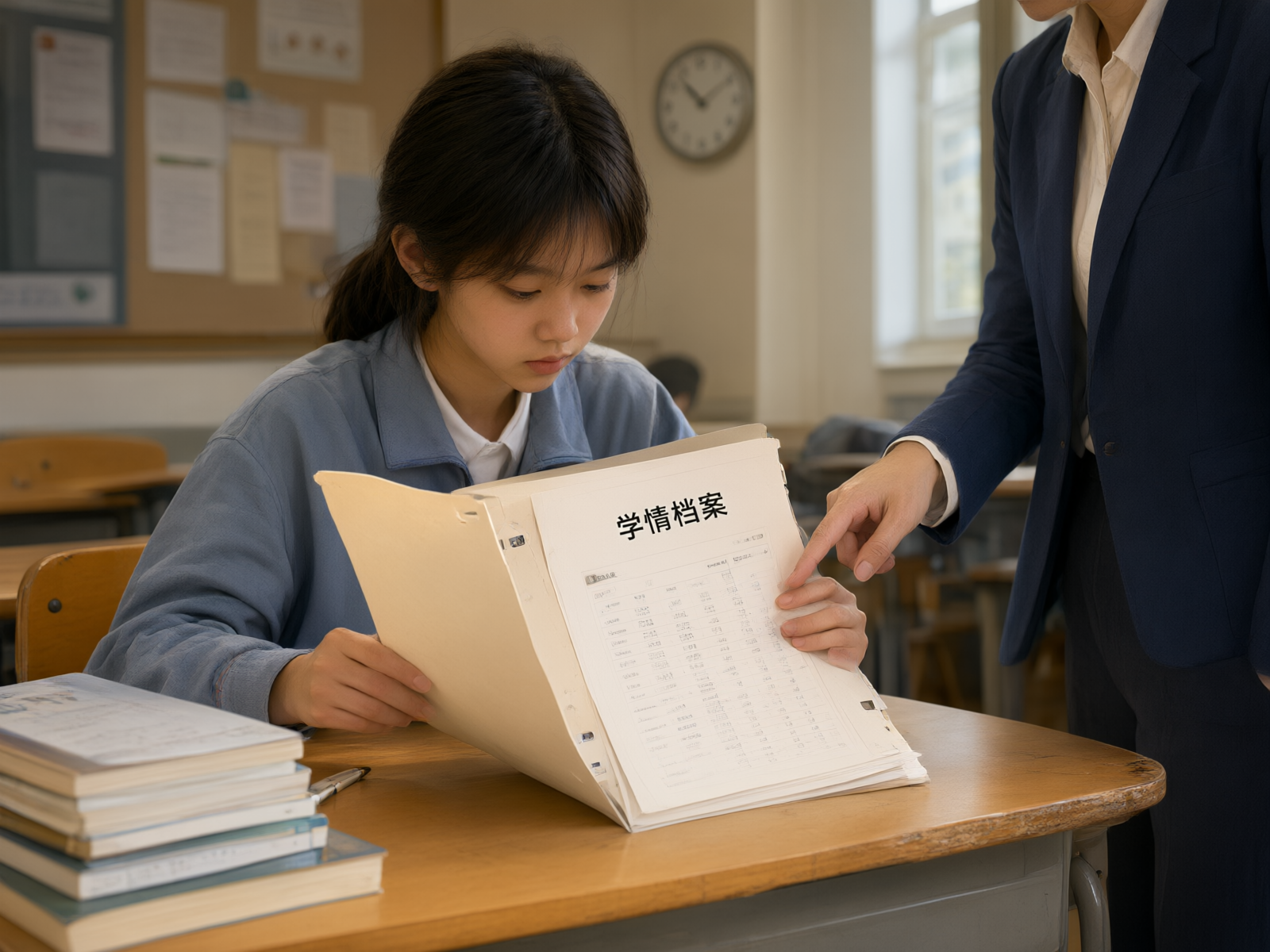 学生翻阅学习档案,教师在旁指点