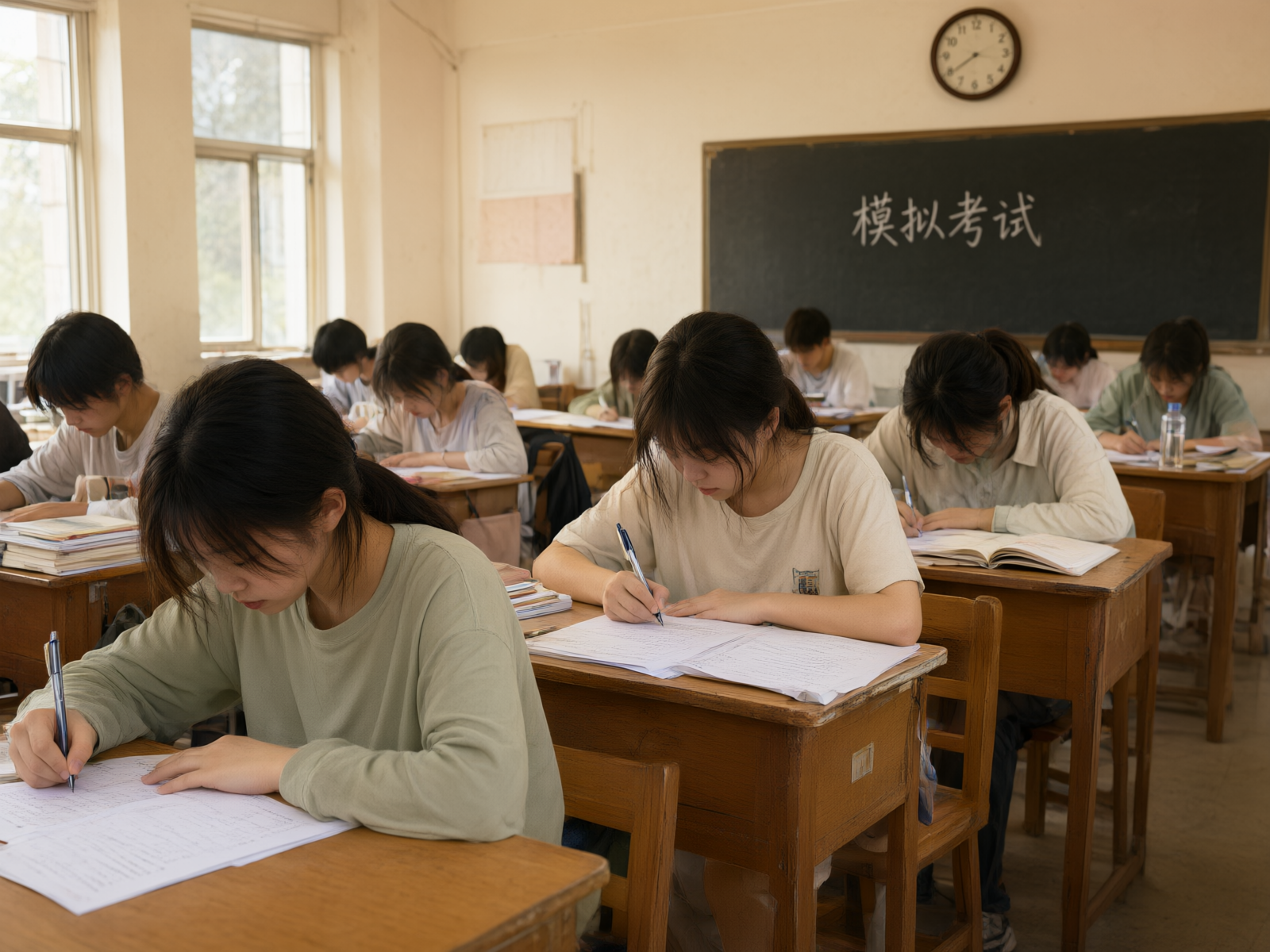 学生们正在进行限时模拟测试,教室里气氛紧张有序