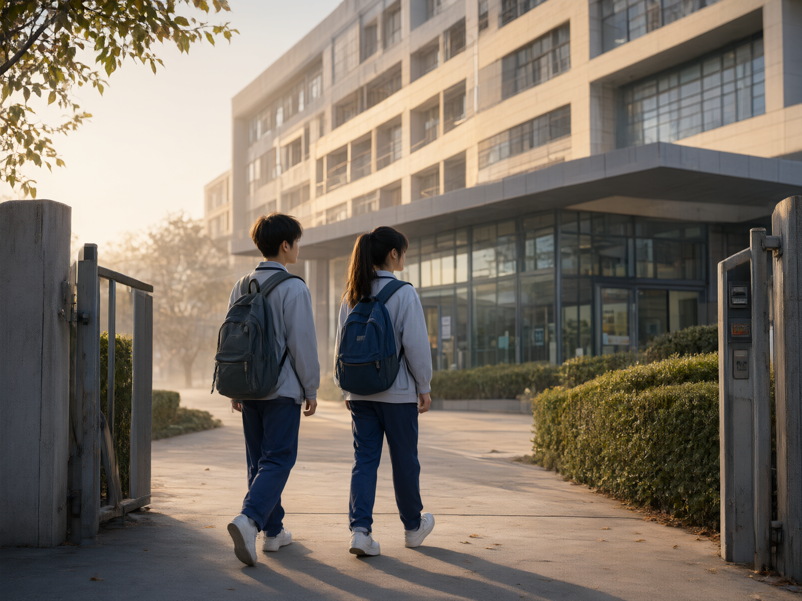 清晨校园外景,两名学生走向校门