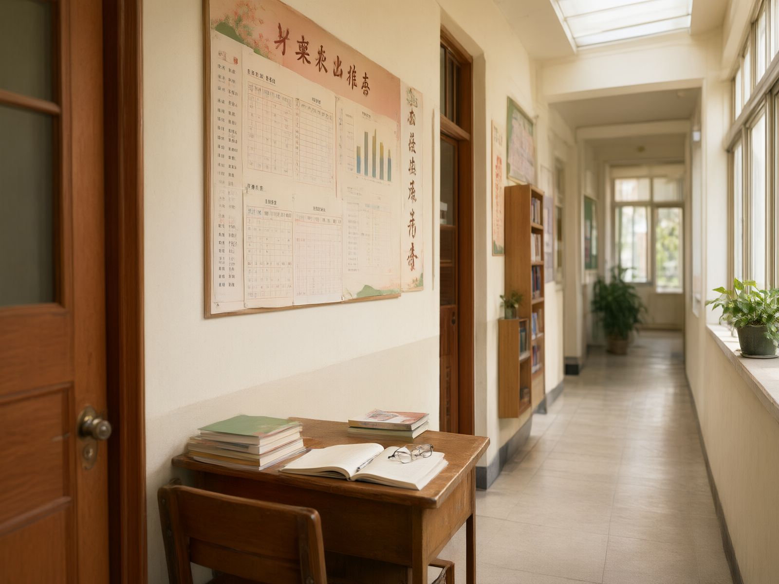 学校走廊整洁有序,墙上展示着学生成绩提升榜