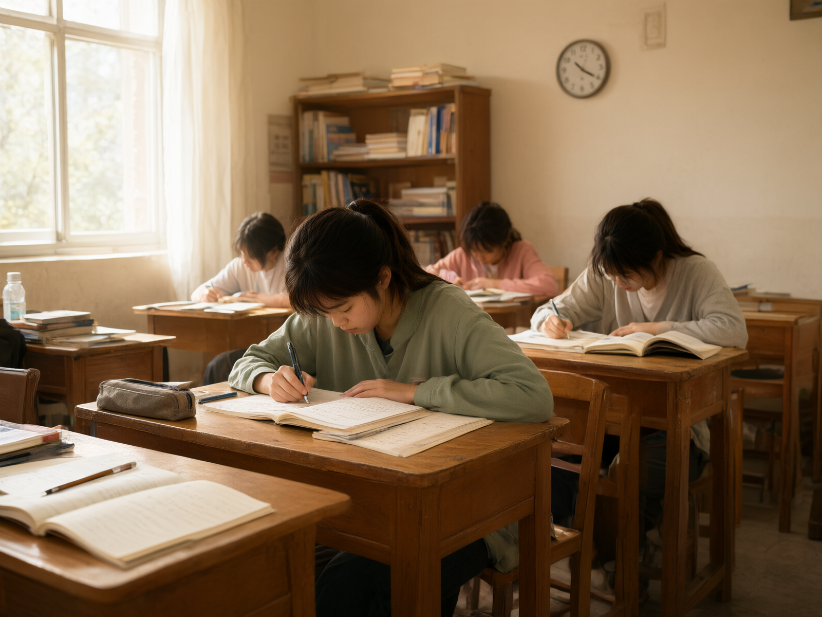 安静的自习教室,学生们在自然光下专注学习