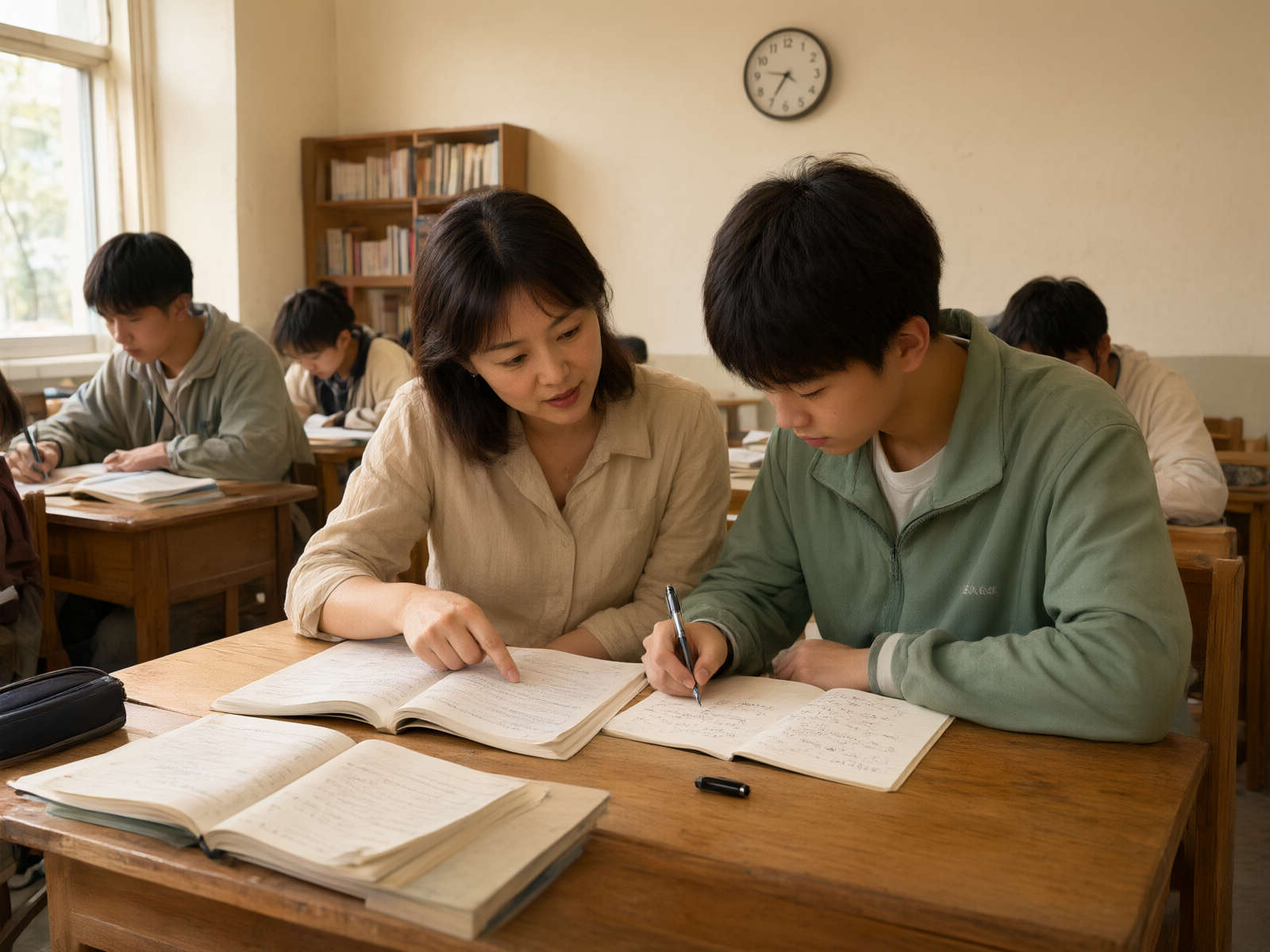 老师正在一对一辅导学生,桌上摊开着英语课本和错题本