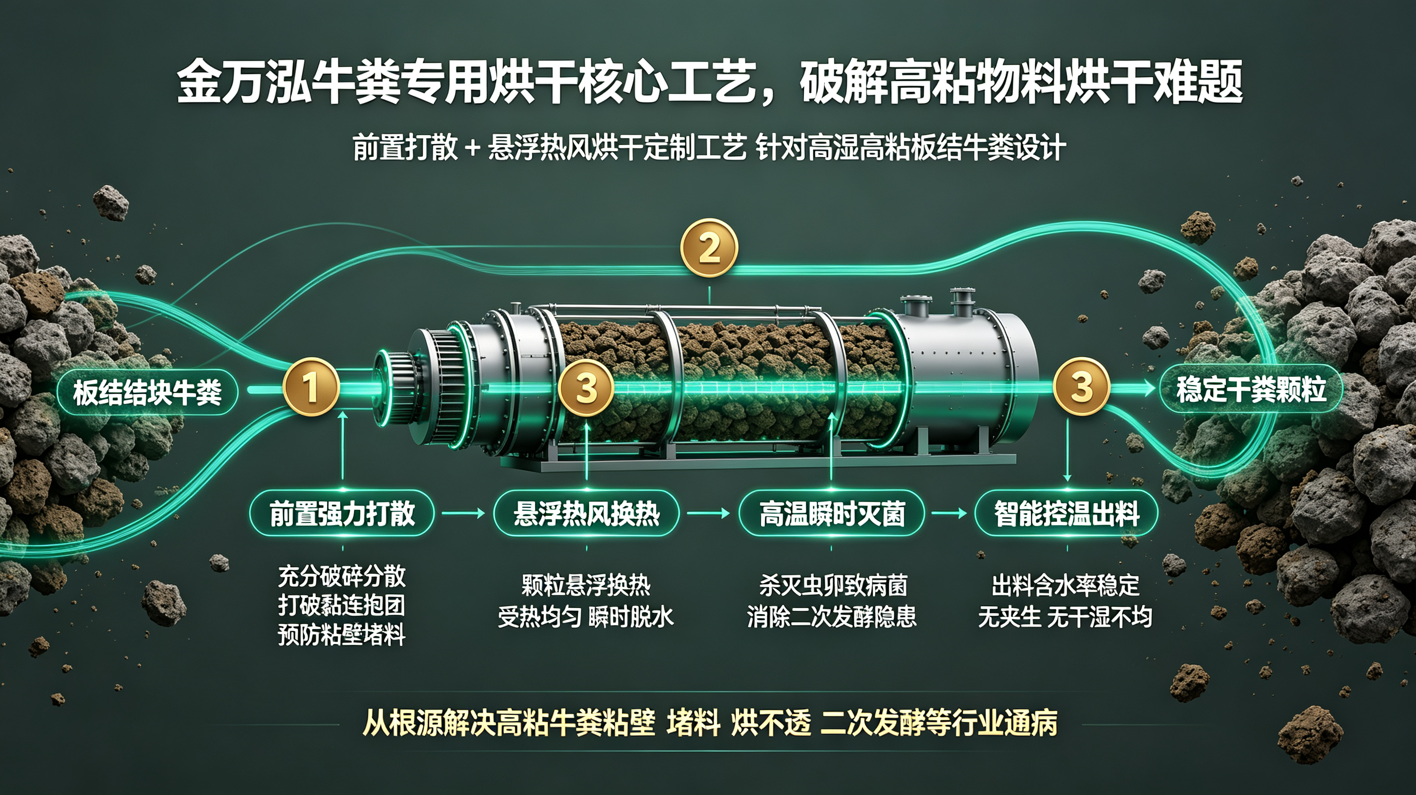 牛粪粘稠含水高、处理难、异味重?金万泓专用烘干机实现牛粪无害化资源化双处理