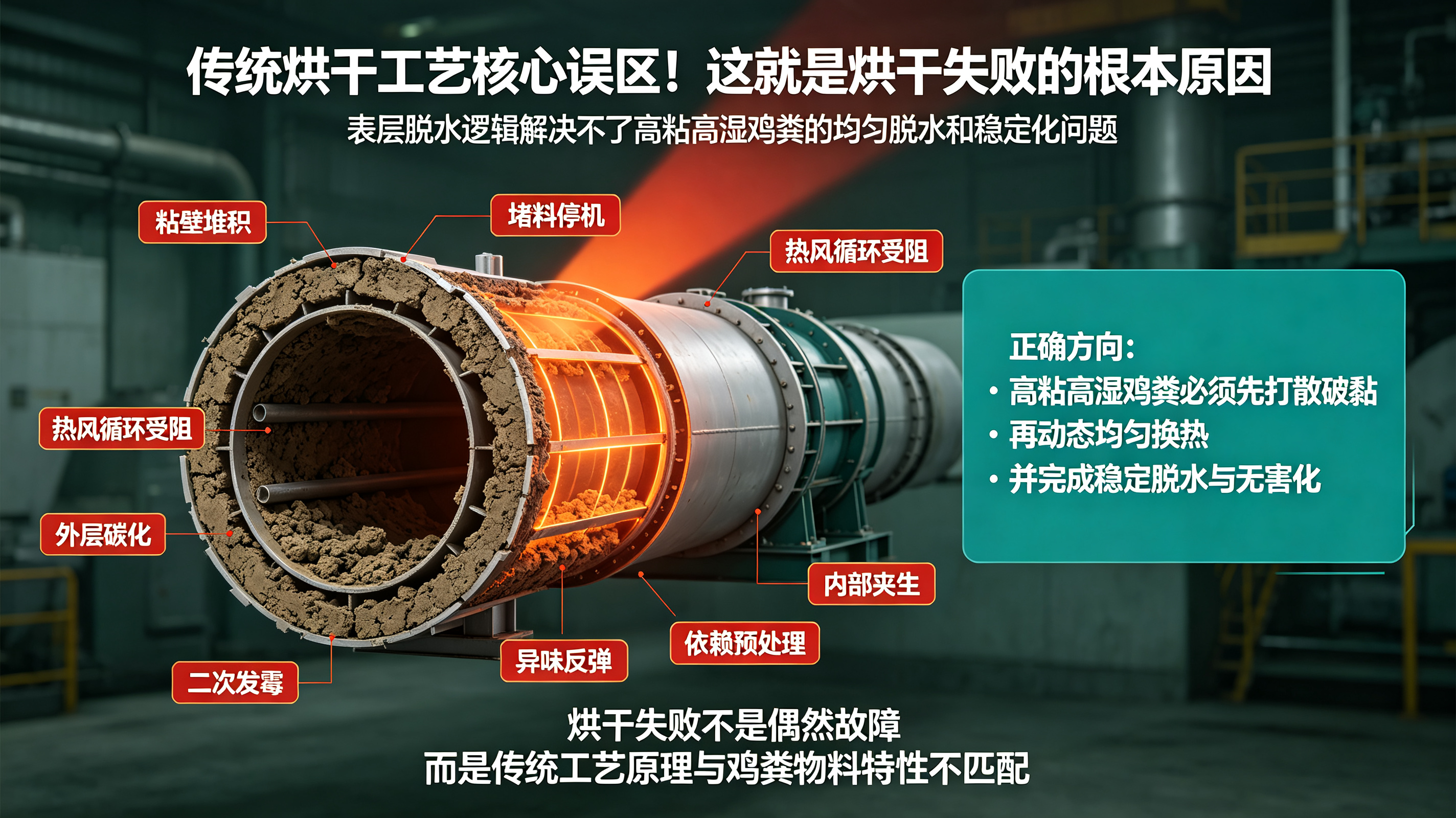 高湿鸡粪烘干总出问题?卧式闪蒸一体化工艺,破解粘壁、发霉、不达标的行业顽疾