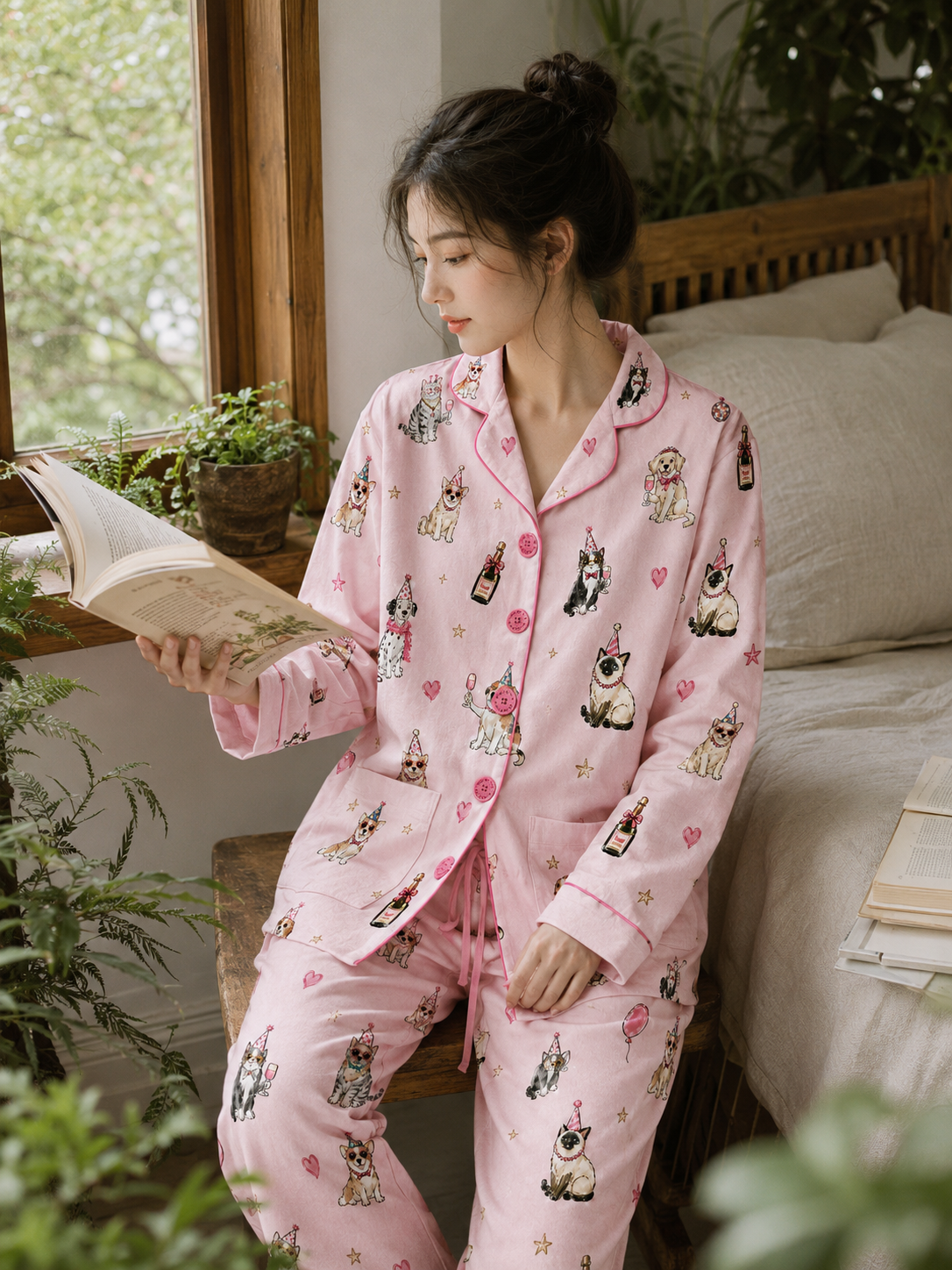 Pink Cute Pet Party Long-Sleeve Pajama Set