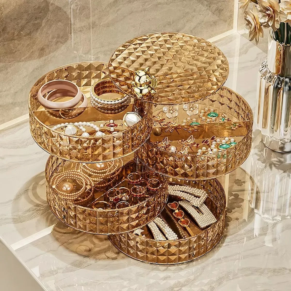 Luxury 360° Rotating Multi-Layer Jewelry Storage Box with Cat Ornament view 2