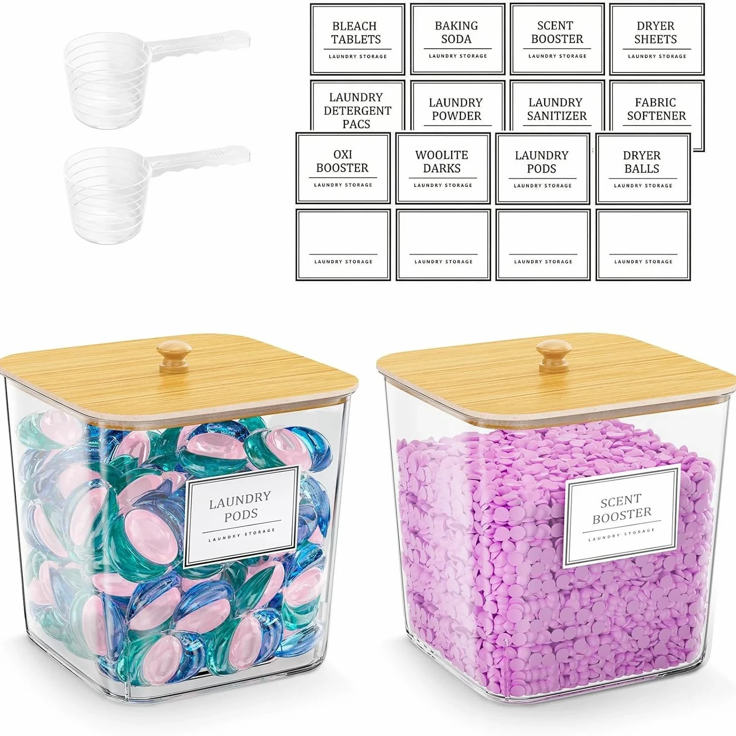 Clear Laundry Room Organizer Containers with Bamboo Lids — Large Capacity Storage Jars for Pods, Scent Booster Beads & Dryer Sheets, Includes Scoop view 2
