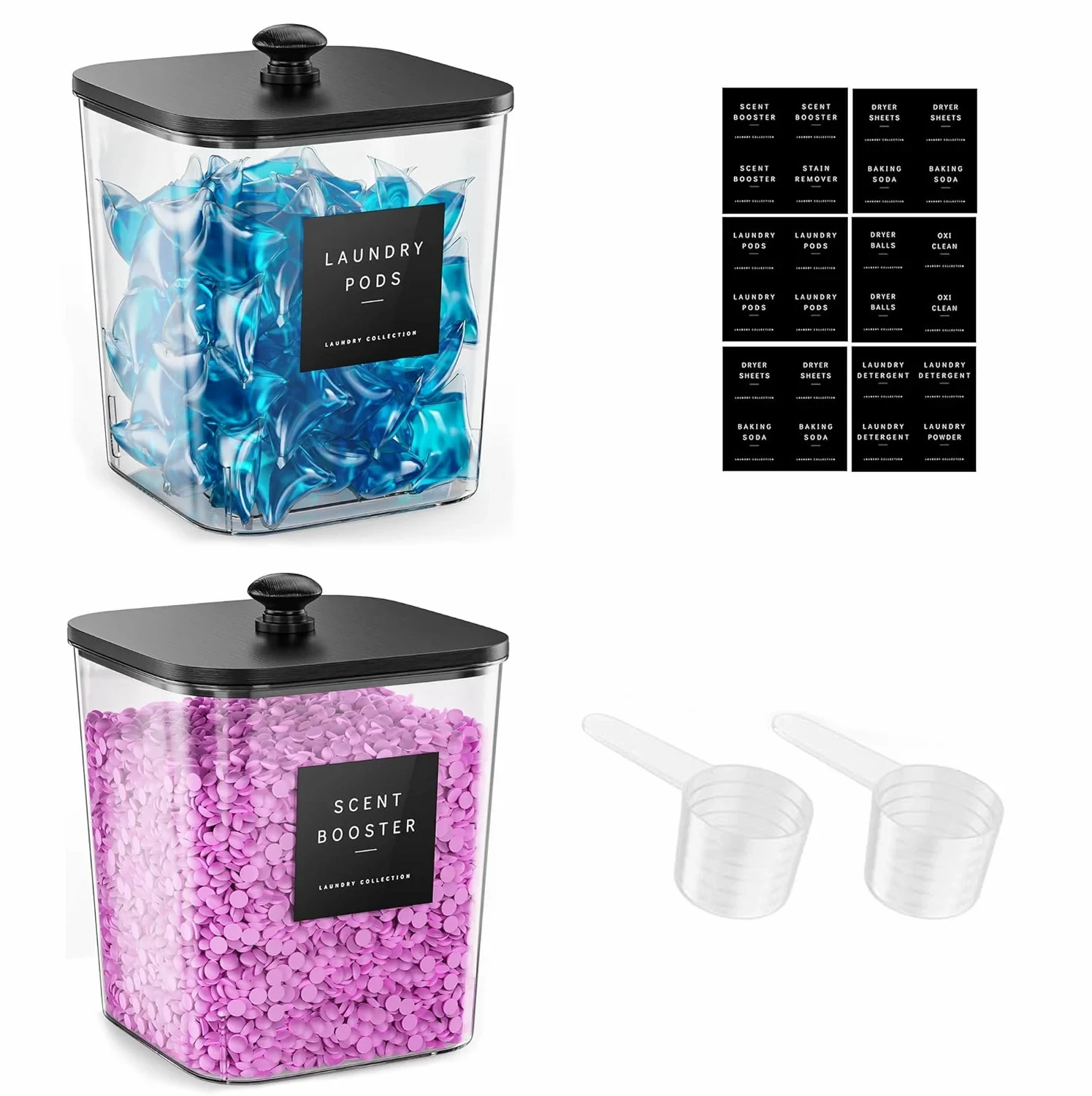 Clear Laundry Room Organizer Containers with Bamboo Lids — Large Capacity Storage Jars for Pods, Scent Booster Beads & Dryer Sheets, Includes Scoop view 3