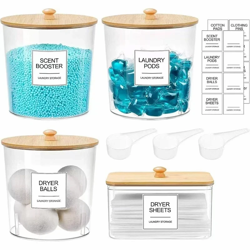Clear Laundry Room Organizer Containers with Bamboo Lids — Large Capacity Storage Jars for Pods, Scent Booster Beads & Dryer Sheets, Includes Scoop