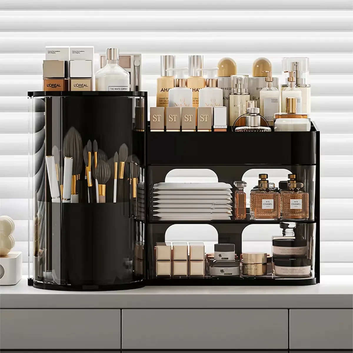 Desktop Makeup Organizer with 360° Rotating Brush Holder and Drawers view 2