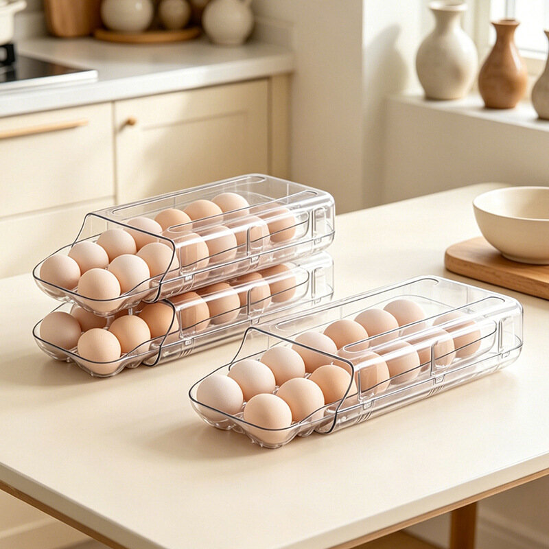 Clear Egg Holder for Refrigerator with Lid – Stackable 14-Egg Storage Container, BPA-Free PET Fridge Egg Organizer Tray view 3