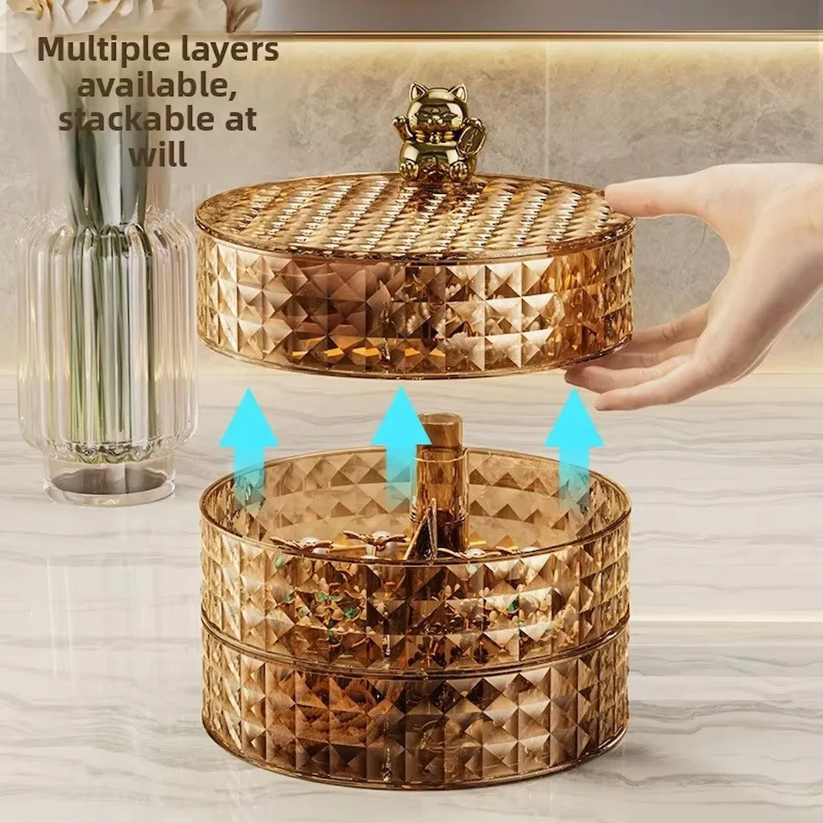 Luxury 360° Rotating Multi-Layer Jewelry Storage Box with Cat Ornament view 3