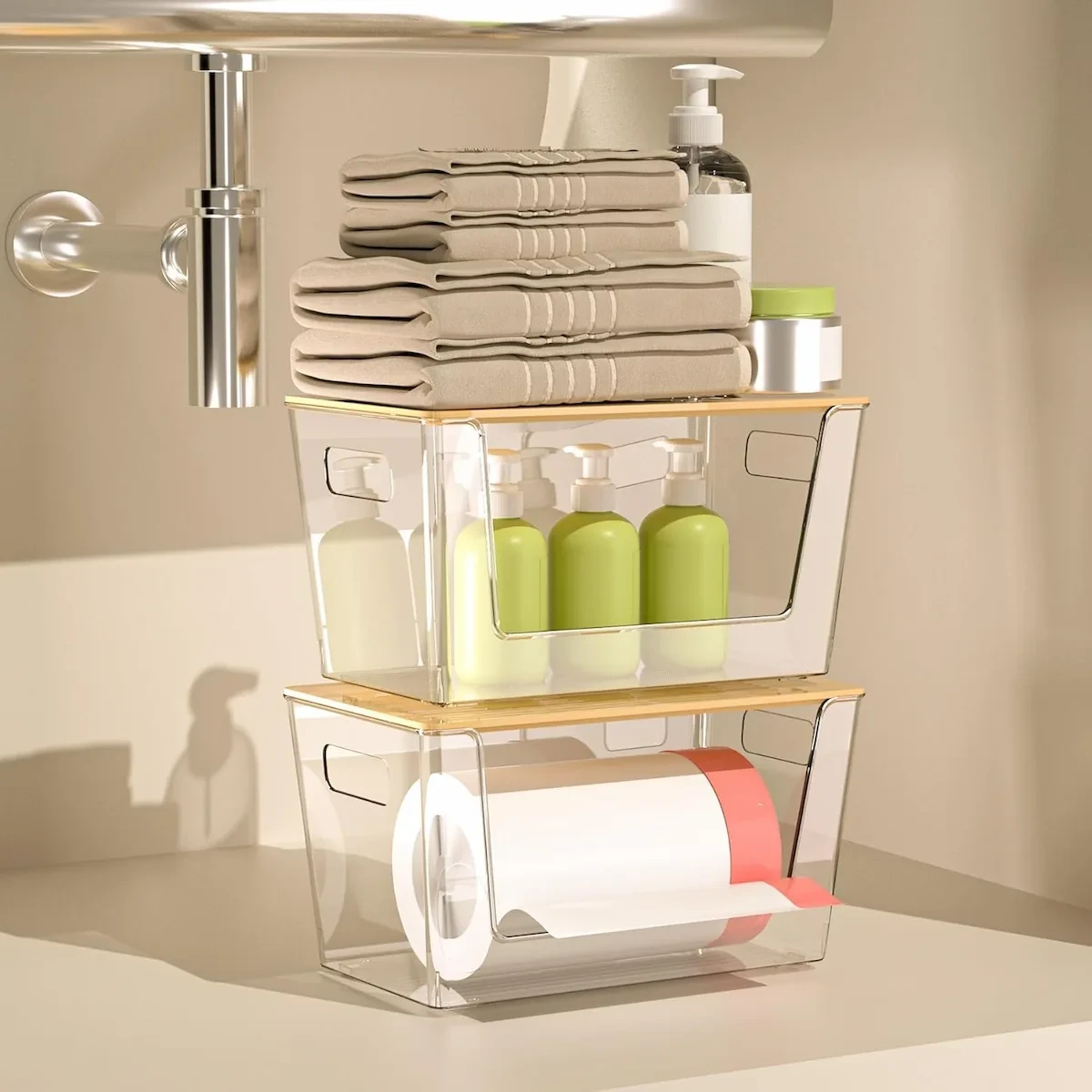 Stackable Clear Trash Bag Dispenser with Bamboo Lid view 2