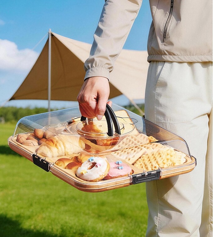 Bamboo Snack Tray with Clear Lid & Handle - Portable Divided Serving Platter for Picnic, Camping, Home & Outdoor Use