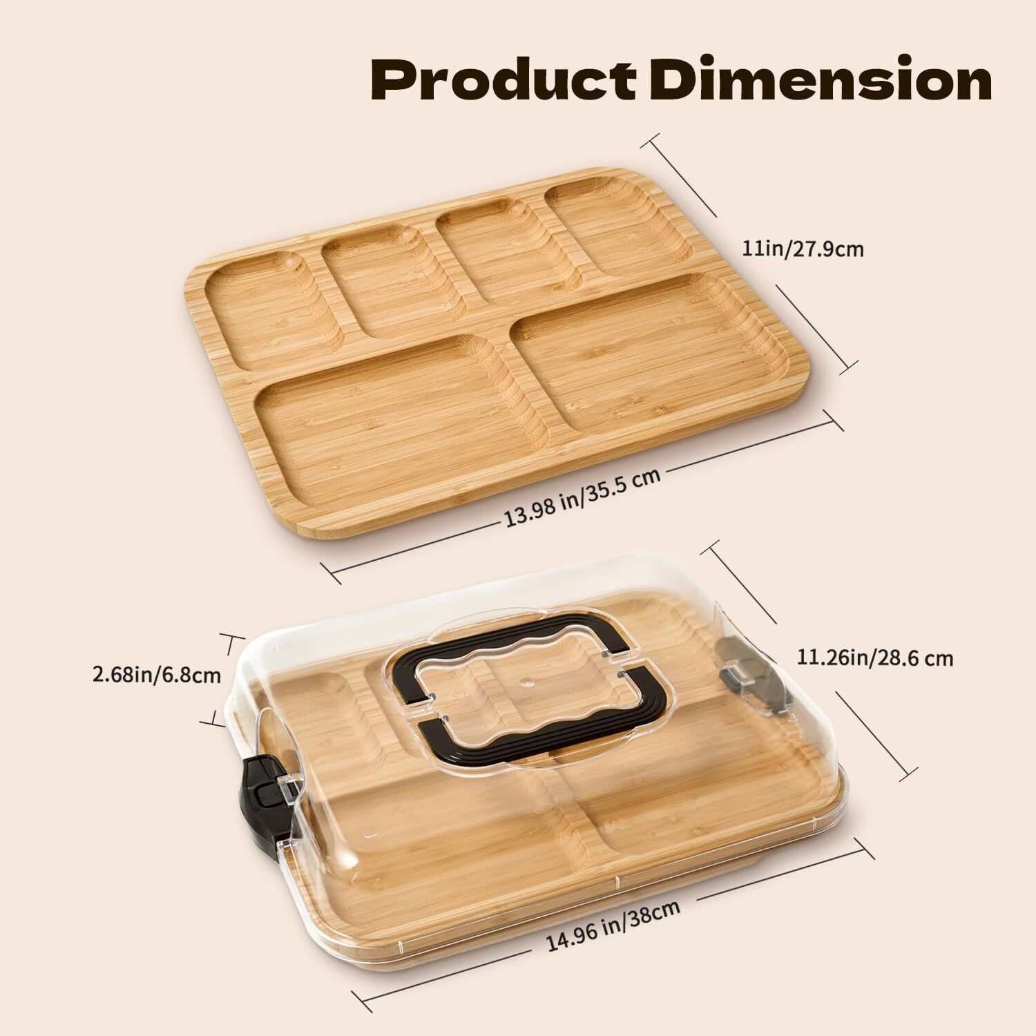 Bamboo Snack Tray with Clear Lid & Handle - Portable Divided Serving Platter for Picnic, Camping, Home & Outdoor Use view 2