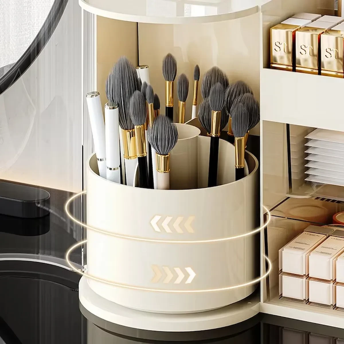 Desktop Makeup Organizer with 360° Rotating Brush Holder and Drawers view 3