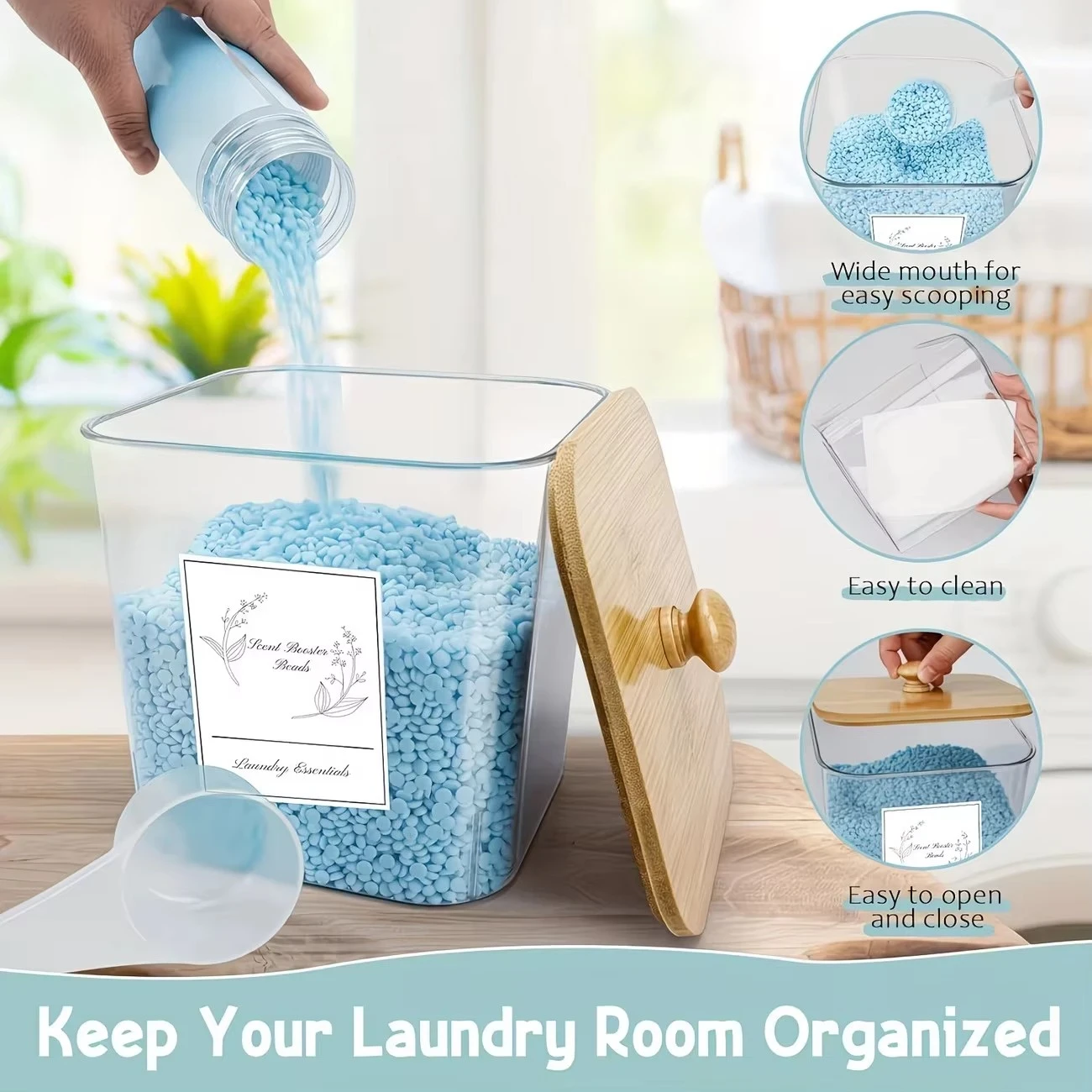 Clear Laundry Room Organizer Containers with Bamboo Lids — Large Capacity Storage Jars for Pods, Scent Booster Beads & Dryer Sheets, Includes Scoop view 5