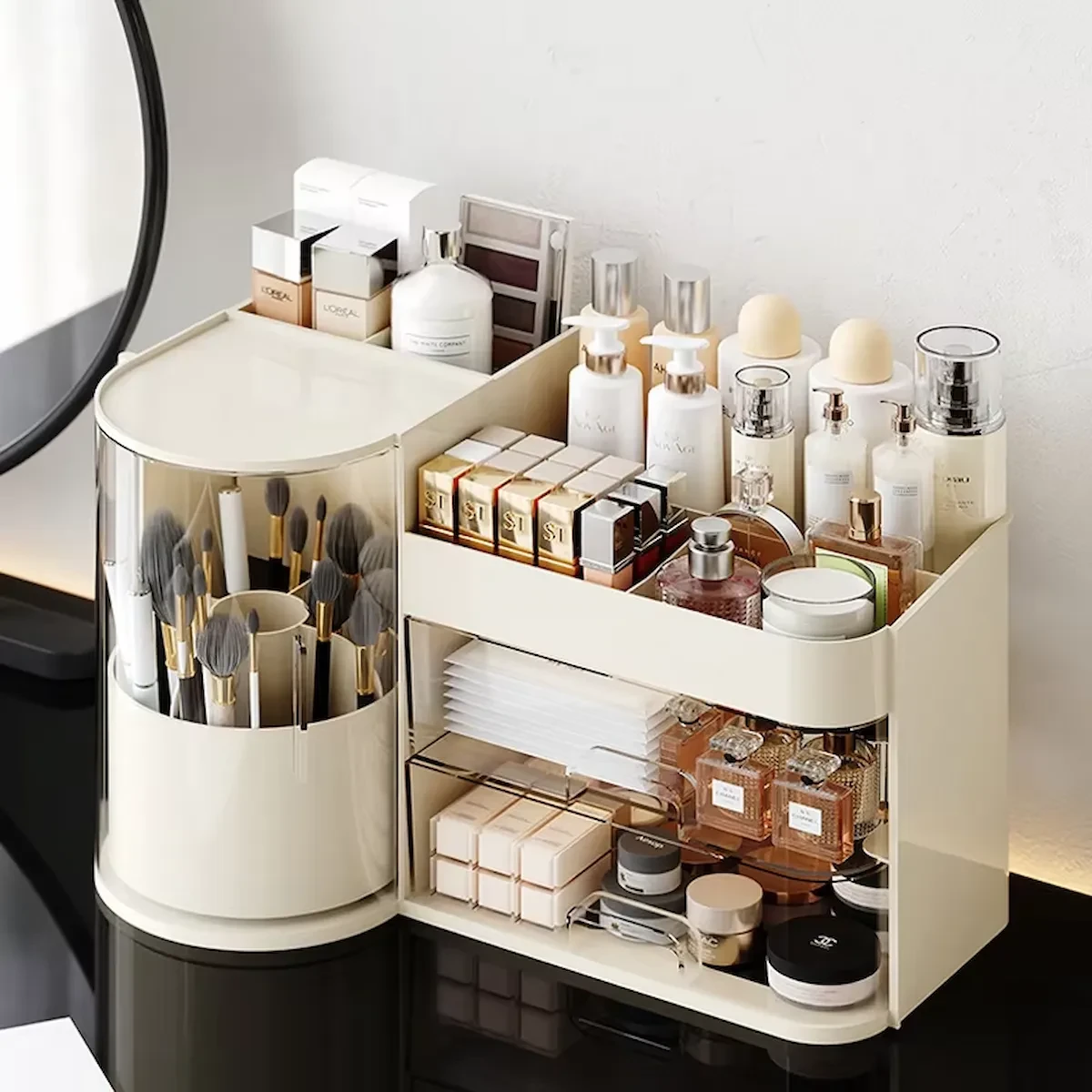 Desktop Makeup Organizer with 360° Rotating Brush Holder and Drawers