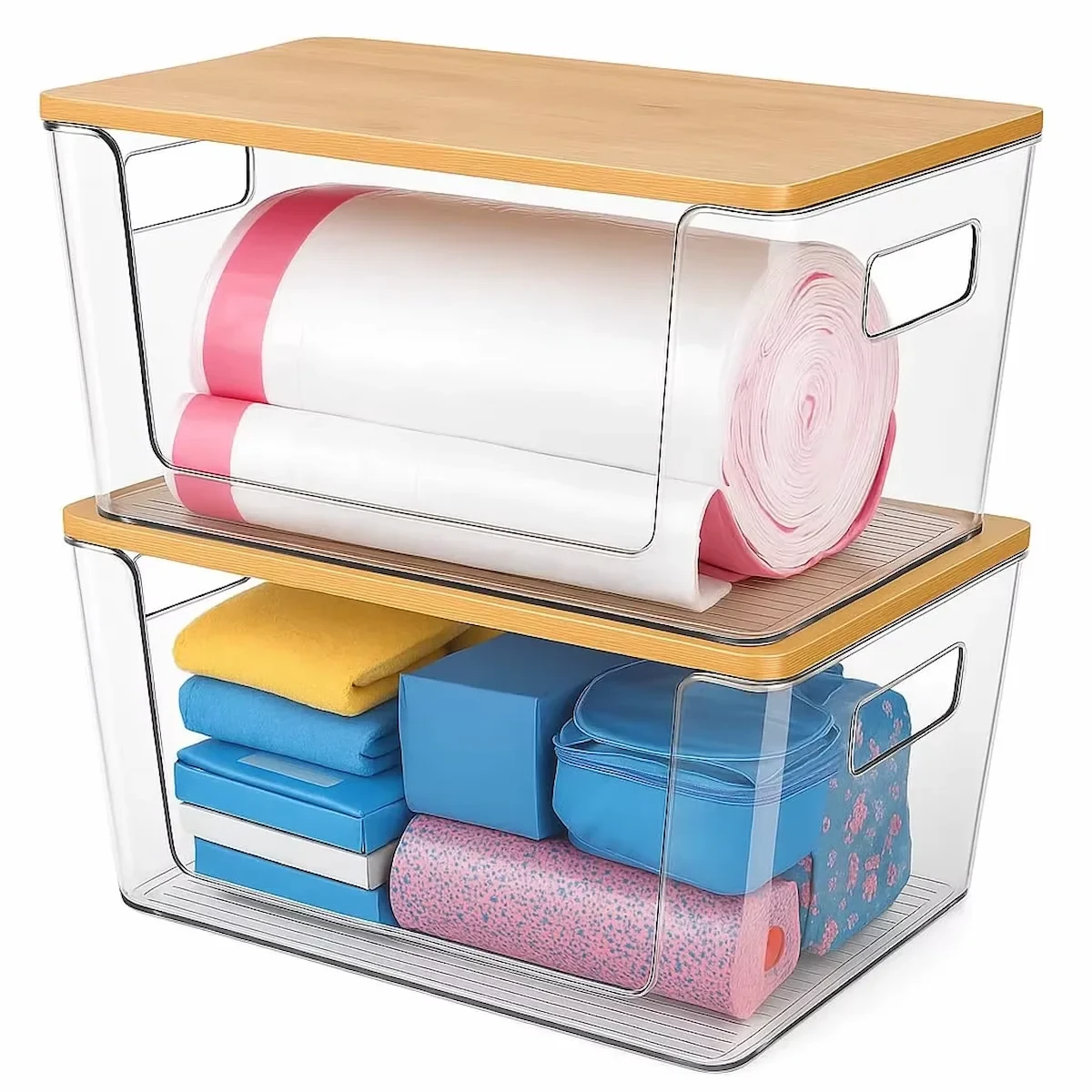Stackable Clear Trash Bag Dispenser with Bamboo Lid view 3
